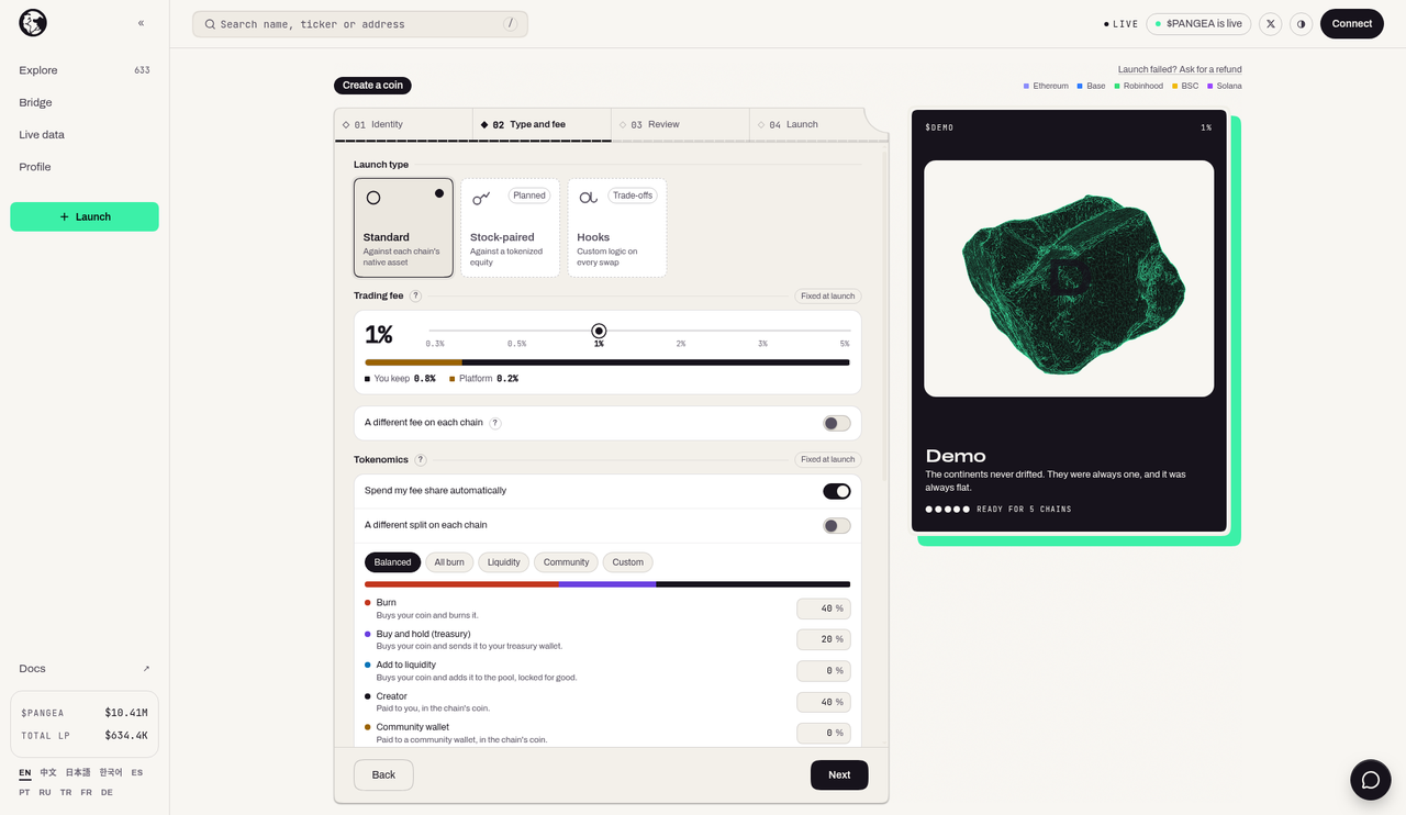 Pangea's launch form showing launch types, trading fee and per-chain tokenomics options.