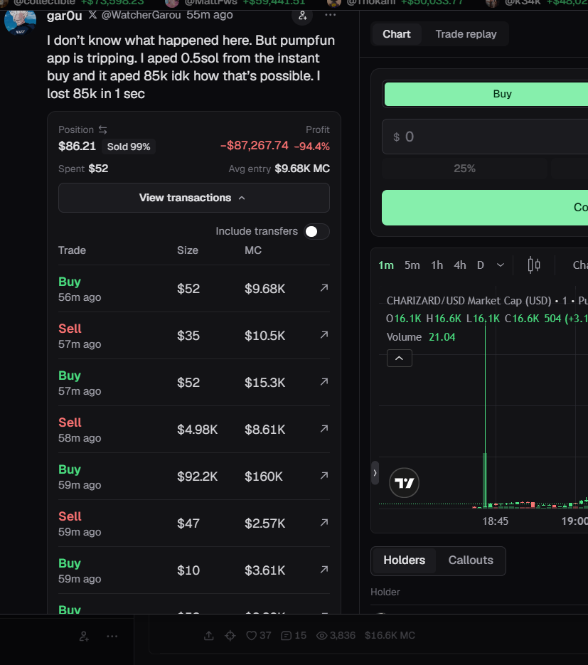 gar0u's callout expanded with the trade list (Buy $92.2K at $160K MC, Sell $4.98K at $8.61K MC, and so on)